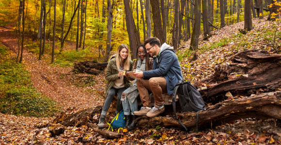 Three people smiling during an autumn hike looking at a map.