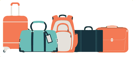 Image of examples of small suitcase, overnight bag, backpack, briefcase, laptop bag