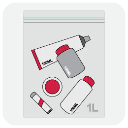 1L transparent, resealable bag with liquids, aerosols and gels inside