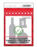 Autocollant de scellé de sécurité rouge représentant une bouteille, un signe de dollar et une grande coche verte. Le texte de l’autocollant indique « NE PAS OUVRIR AVANT LA DESTINATION FINALE » en anglais, en espagnol et en français. Un code-barres et un identifiant unique « CAN0000001 » figurent également en haut et au milieu de l’autocollant.