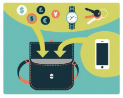 a black carry-on and several graphics symbolizing small items: keys, watch, cellphone and currency symbols
