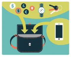 un bagage de cabine noir et plusieurs graphiques symbolisant de petits objets : clés, montre, téléphone portable et symboles monétaires